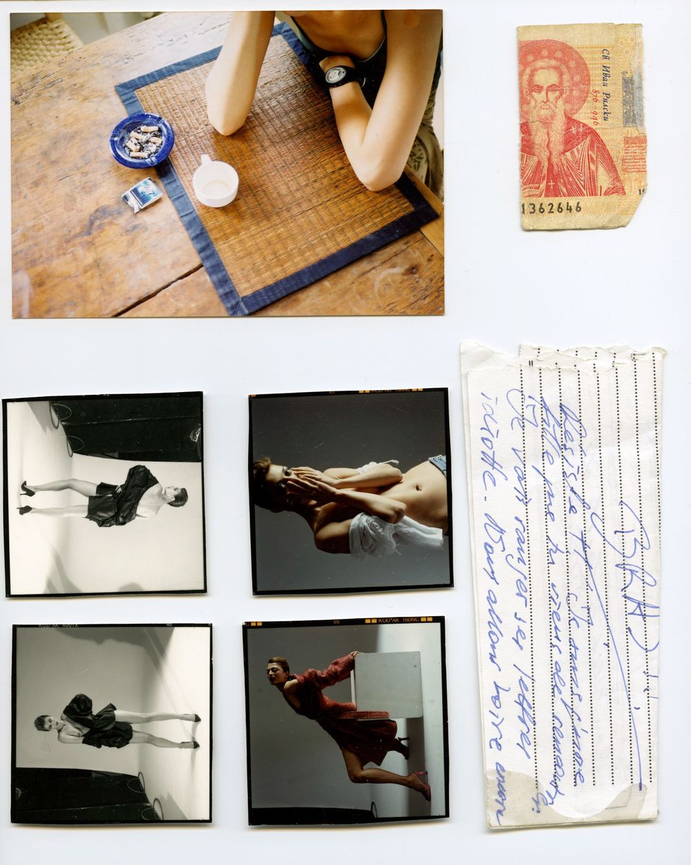 Collage of film contact sheets showing fashion photography poses, a vintage banknote, and a handwritten note on aged paper.