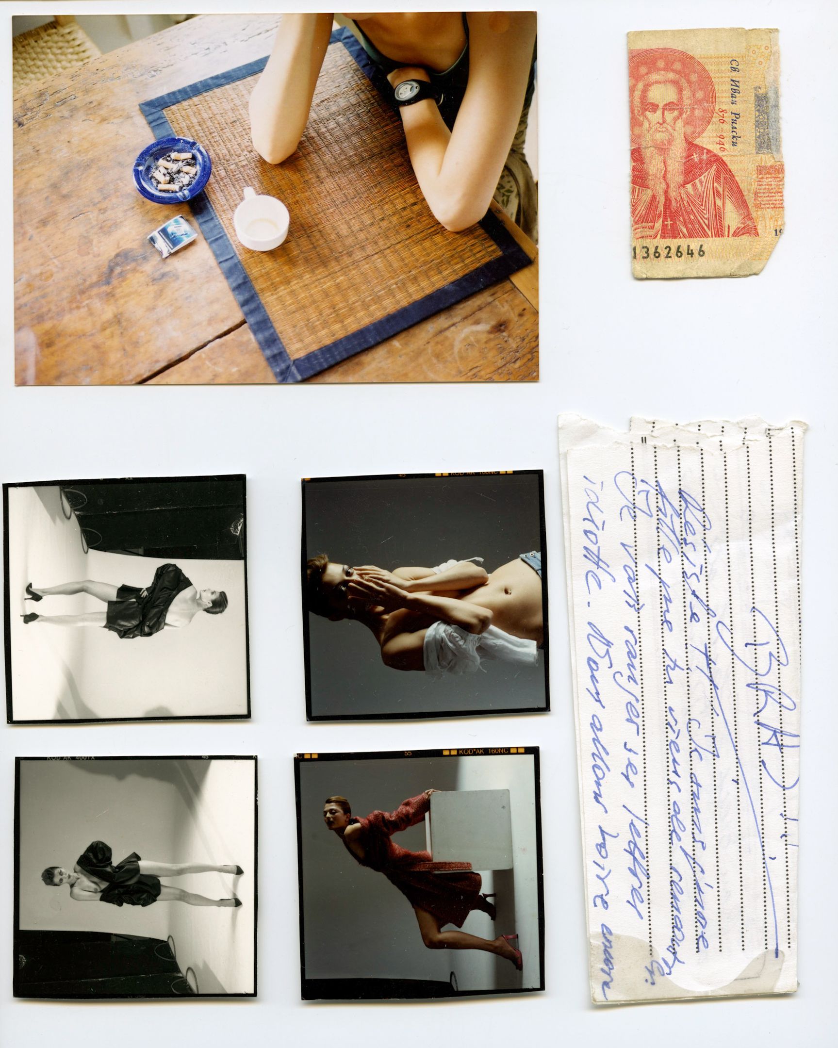 Collage of film contact sheets showing fashion photography poses, a vintage banknote, and a handwritten note on aged paper.