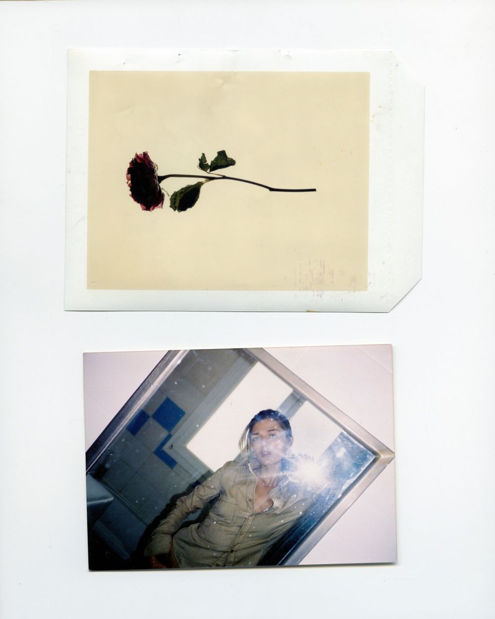 Two Polaroid photos showing a dried red rose on aged paper and a person taking a selfie in a mirror with light flare.