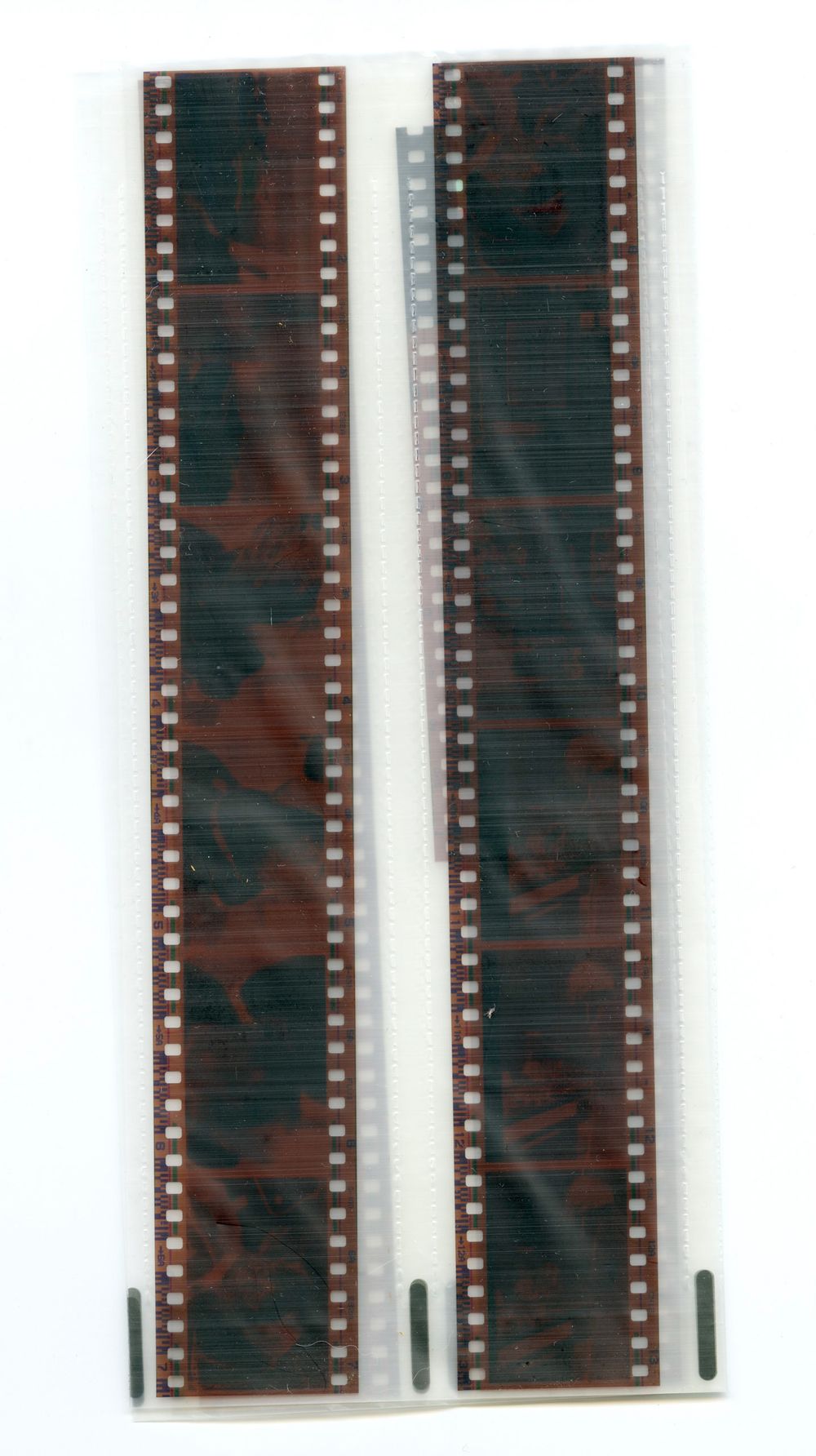 Two strips of 35mm photographic film negatives stored in a clear plastic sleeve.
