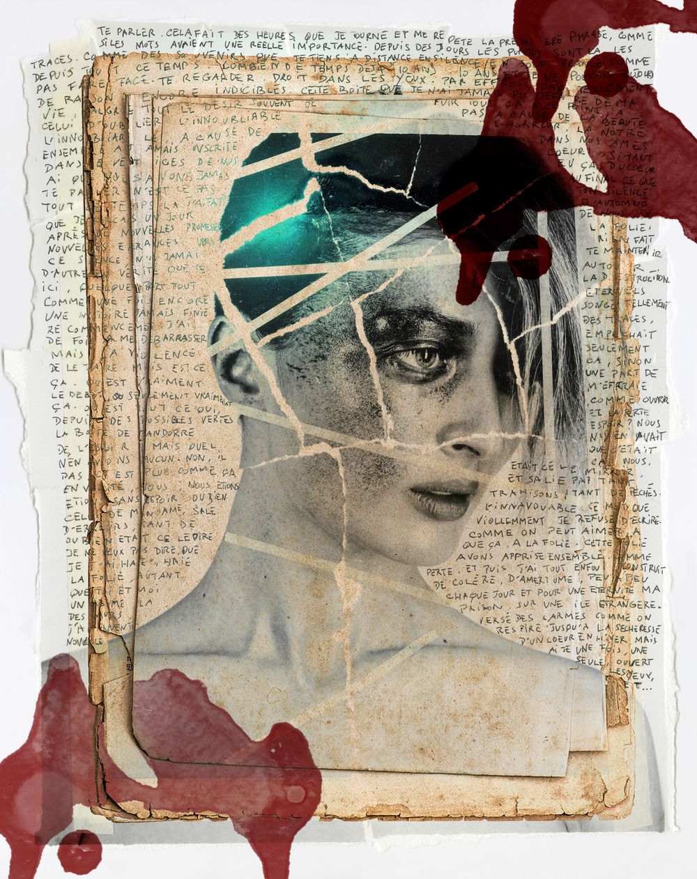 Surreal collage art featuring a woman's portrait overlaid on aged handwritten text with red ink splatter.