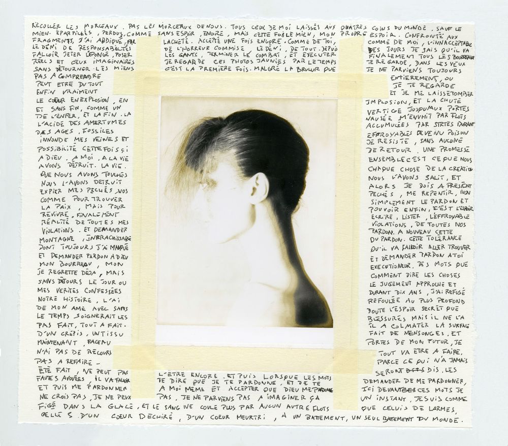 A black and white profile portrait photo surrounded by handwritten text notes on aged paper.