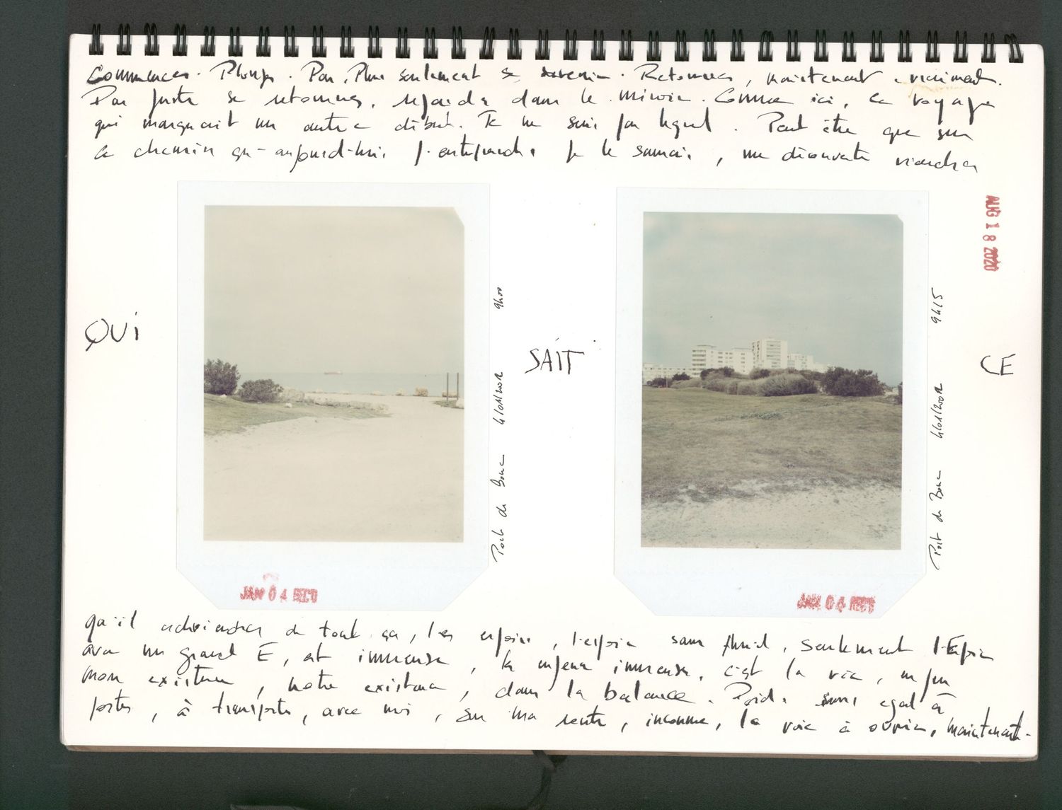 Vintage journal page with two Polaroid photos of coastal landscapes, handwritten French notes, and labels OUI, SOIT, CE.