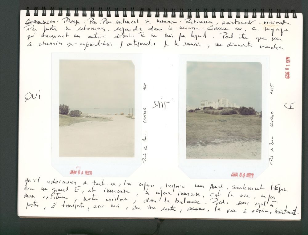 Vintage journal page with two Polaroid photos of coastal landscapes, handwritten French notes, and labels OUI, SOIT, CE.