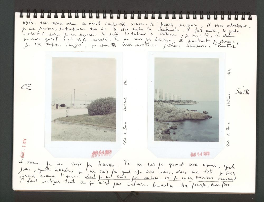Open journal with handwritten notes and two small Polaroid photos of coastal landscapes pasted on the page.