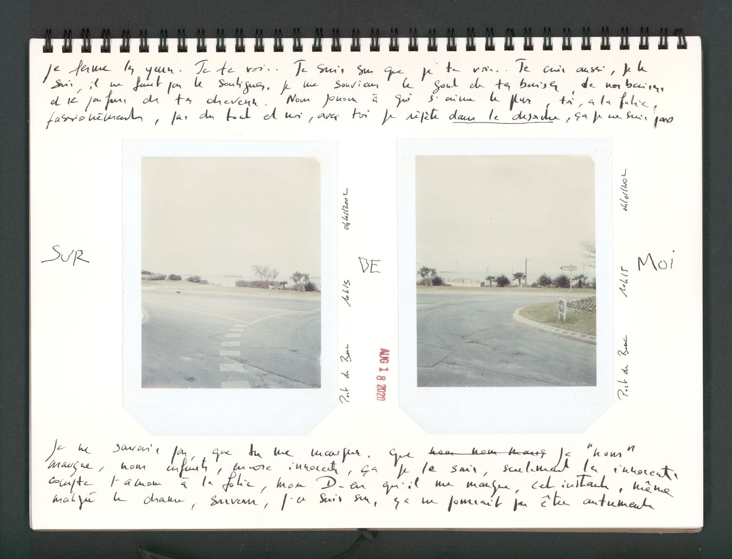 A vintage journal page with handwritten French text and two small Polaroid photos showing flat landscapes under overcast skies.