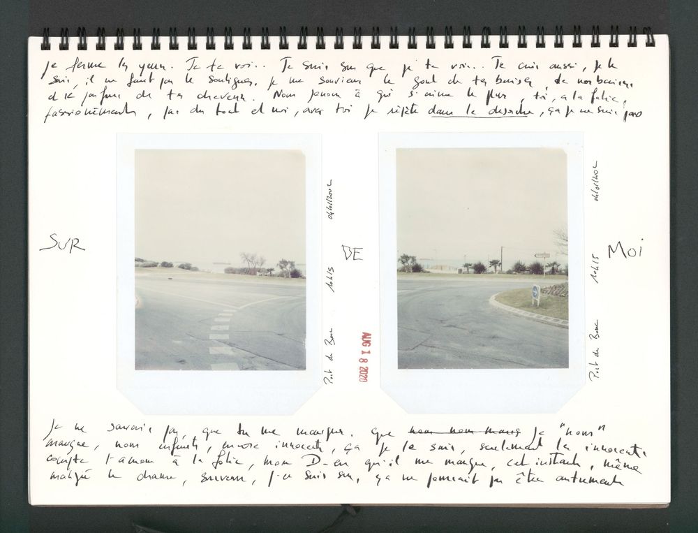 A vintage journal page with handwritten French text and two small Polaroid photos showing flat landscapes under overcast skies.