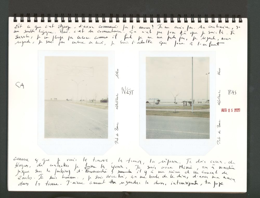 A vintage journal spread with handwritten notes and two small Polaroid photos showing flat desert landscapes under overcast skies.