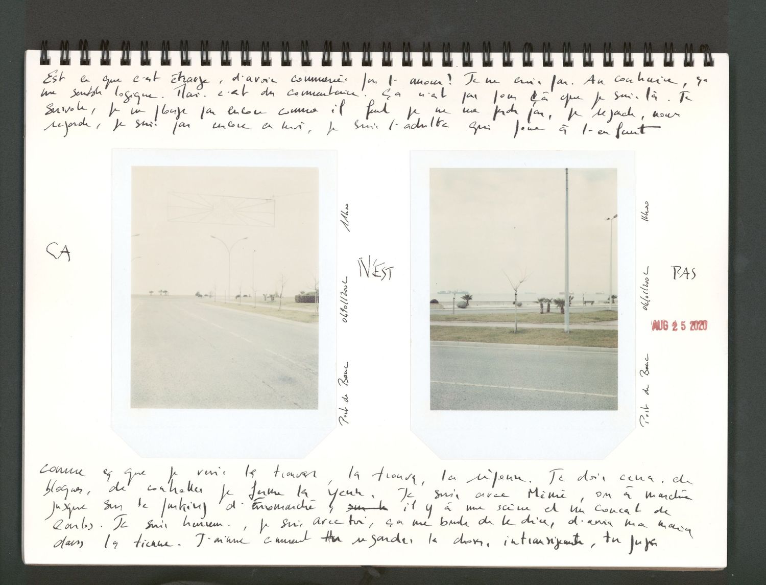 A vintage journal spread with handwritten notes and two small Polaroid photos showing flat desert landscapes under overcast skies.