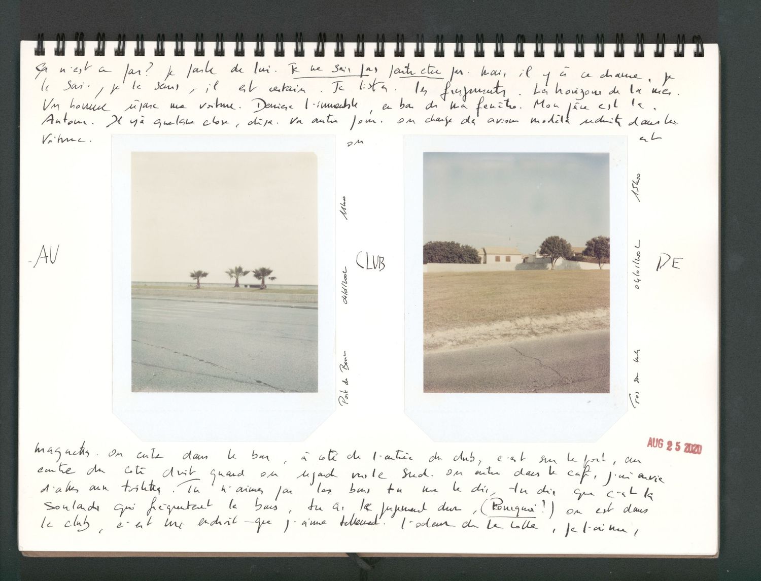 A spiral notebook journal page with handwritten notes and two small Polaroid photos of flat desert landscapes.
