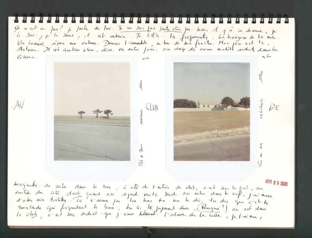 A spiral notebook journal page with handwritten notes and two small Polaroid photos of flat desert landscapes.