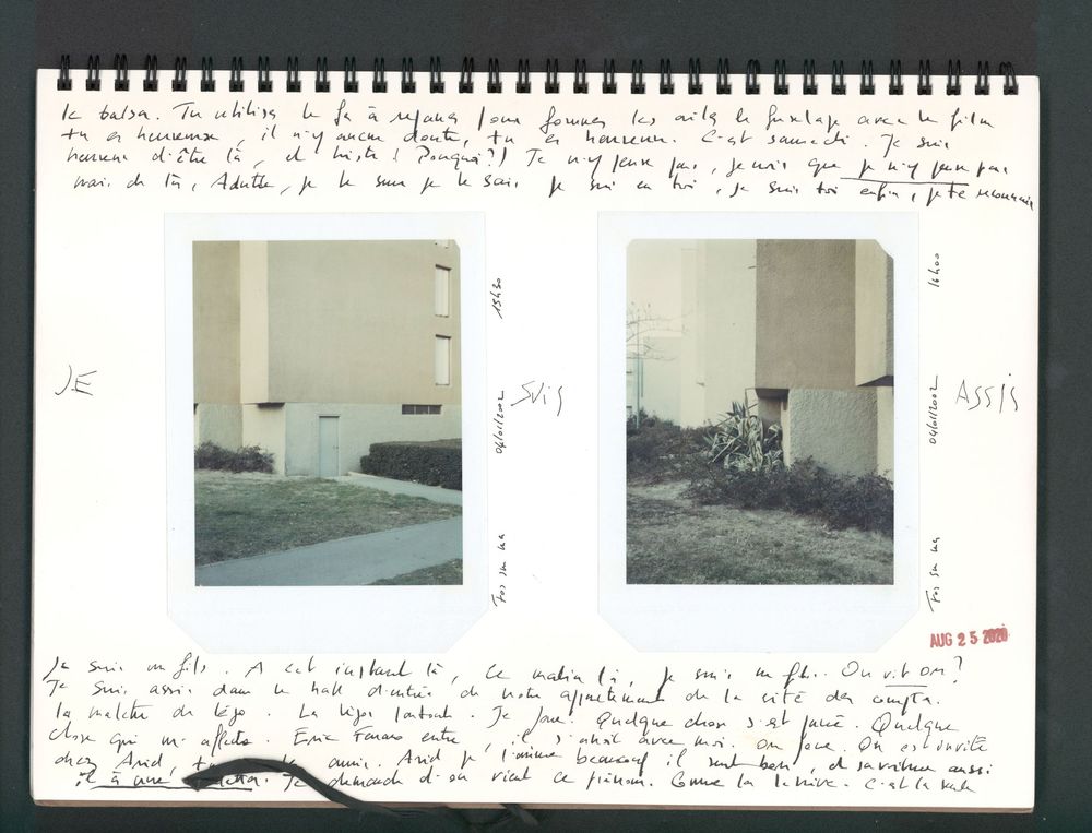 Spiral notebook with handwritten notes in French and two small photographs of buildings with greenery pasted on the pages.