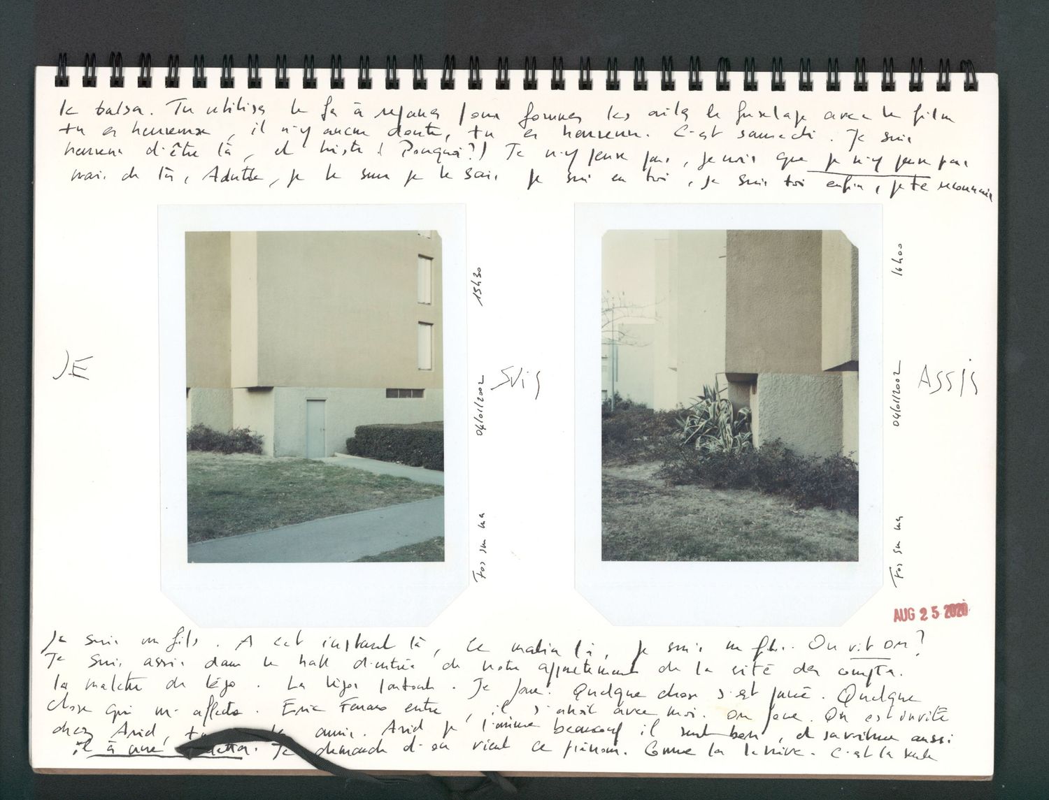 Spiral notebook with handwritten notes in French and two small photographs of buildings with greenery pasted on the pages.