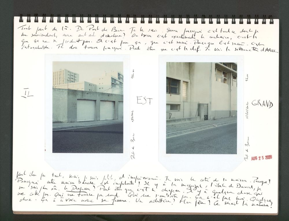 A vintage sketchbook page with handwritten French notes and two small Polaroid photos of urban building facades labeled EST and GRAND.