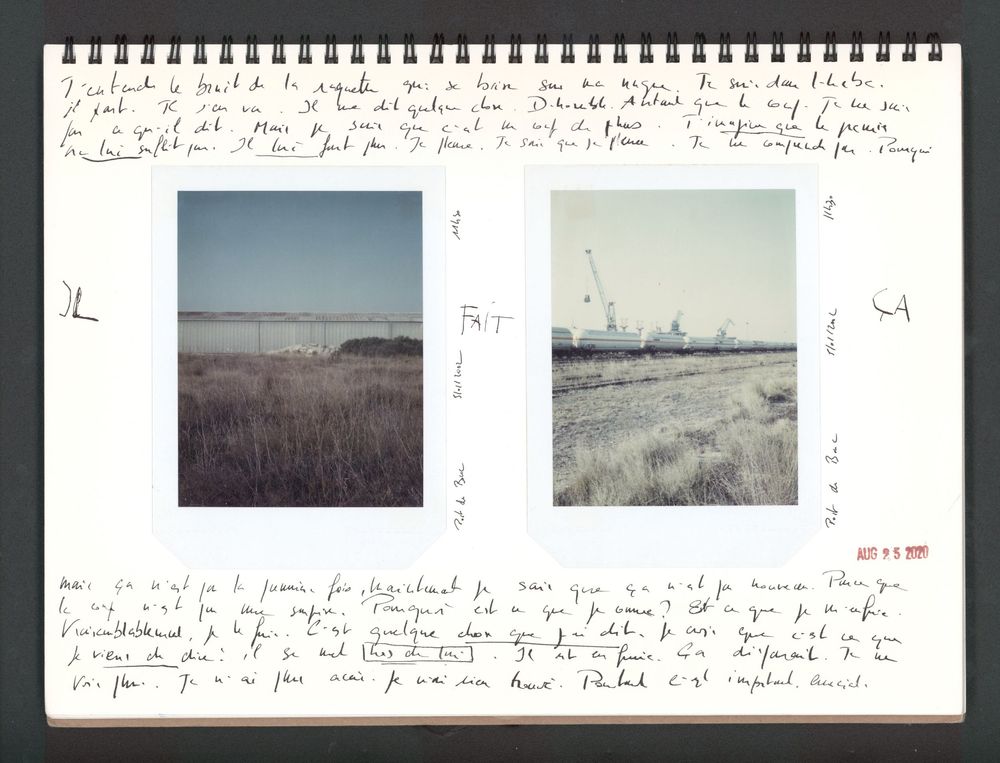 Open journal with two Polaroid photos of industrial harbor and marshland landscapes, surrounded by handwritten notes.