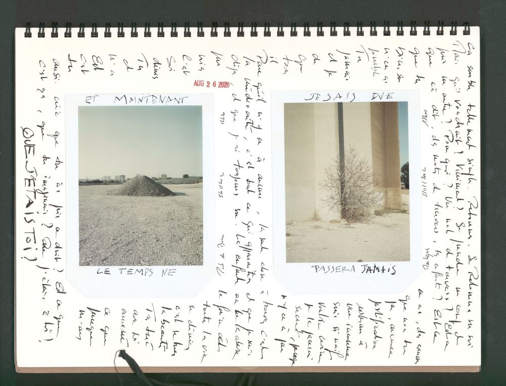 A spiral-bound journal with handwritten notes and two Polaroid photos of desert landscapes with captions.