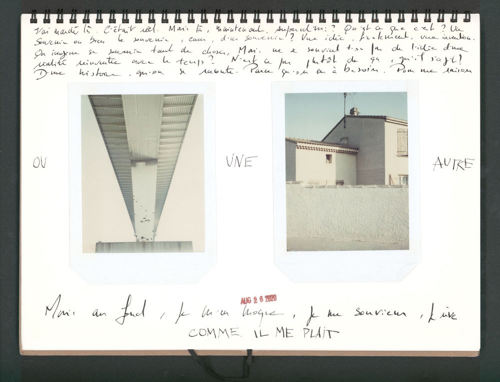 A vintage scrapbook page with two Polaroid photos showing architectural scenes, handwritten French text, and artistic layout.