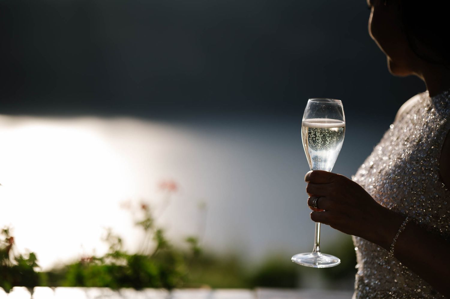 Woman in elegant dress holding a champagne flute by a serene waterfront at dusk.