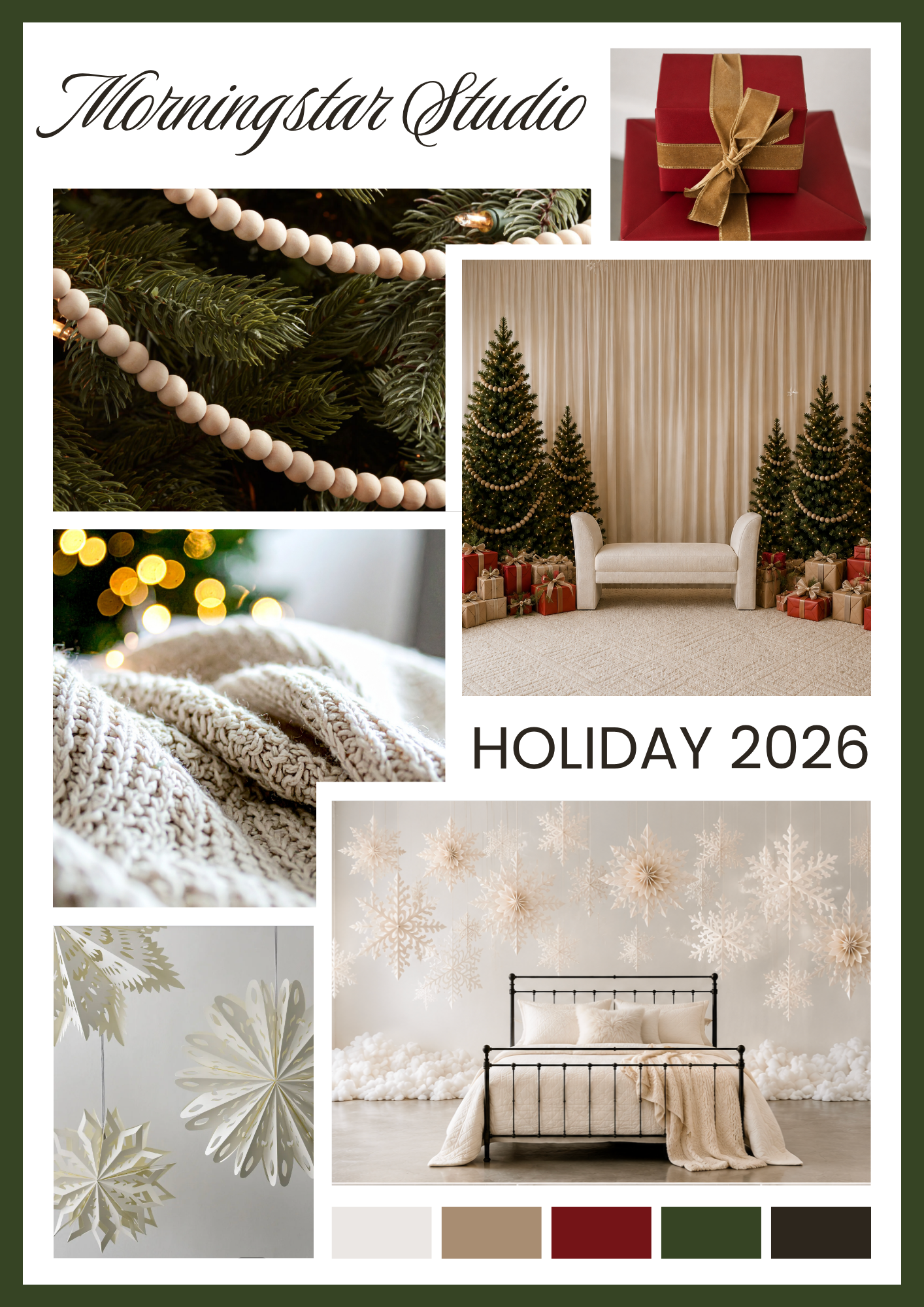 Morningstar Studio Holiday 2026 mood board featuring Christmas trees, cozy knit textures, snowflakes, and festive red and green decor.
