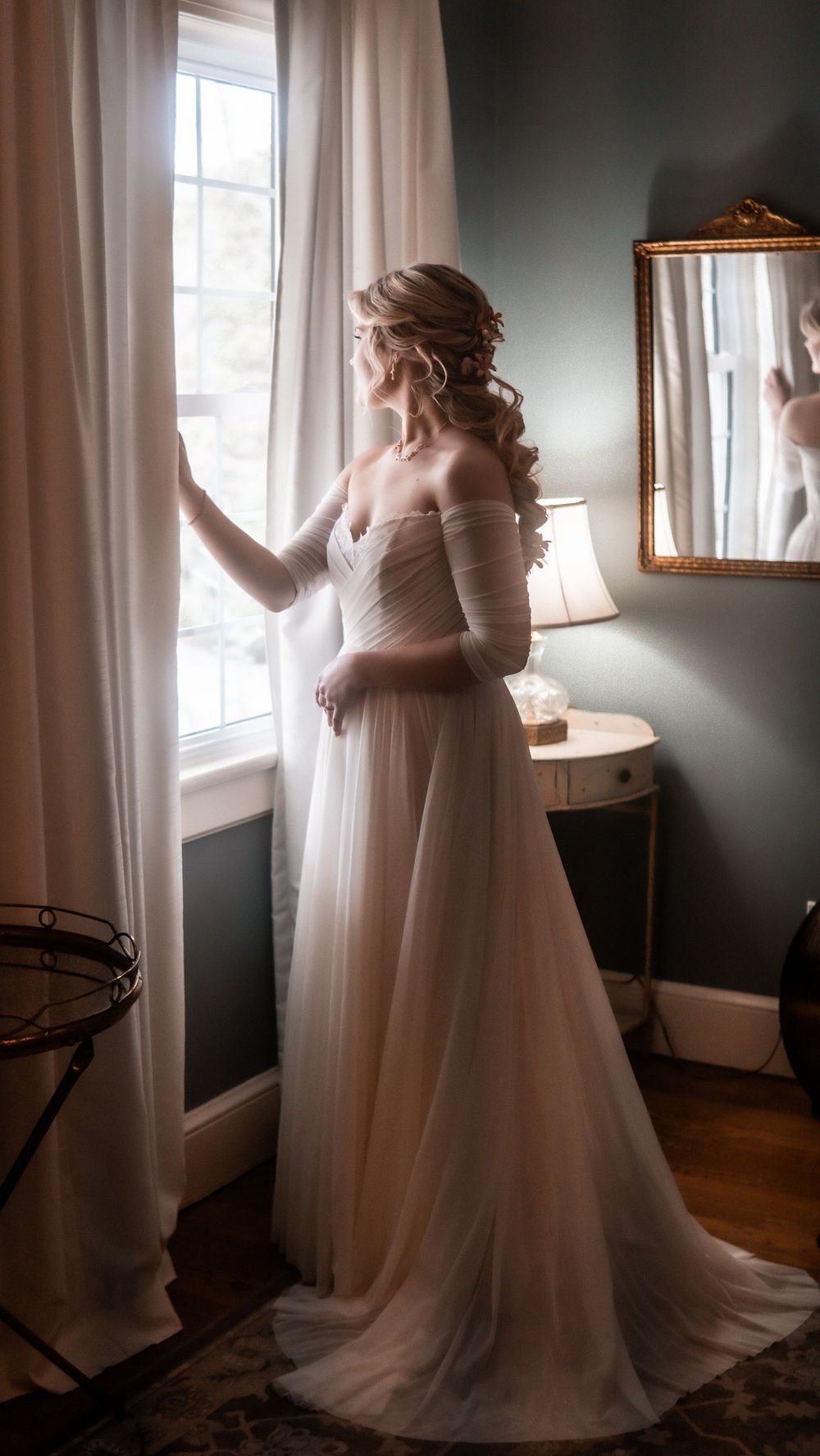 Bride in elegant white tulle gown standing by window.
