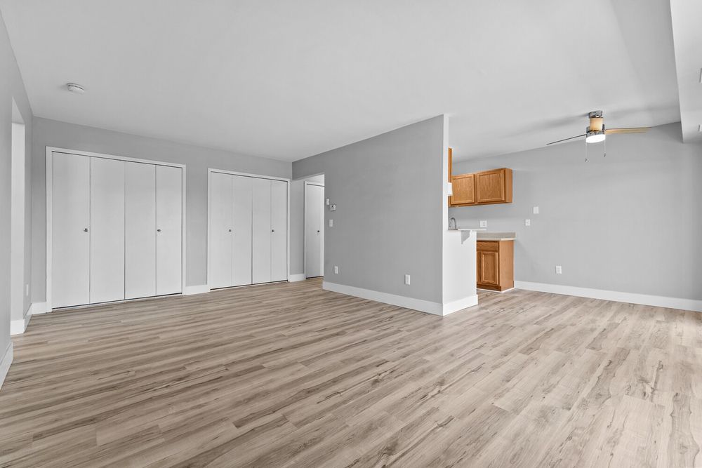 Spacious bedroom with light hardwood floors, gray walls, double closets, and a view into a kitchen with wood cabinets.