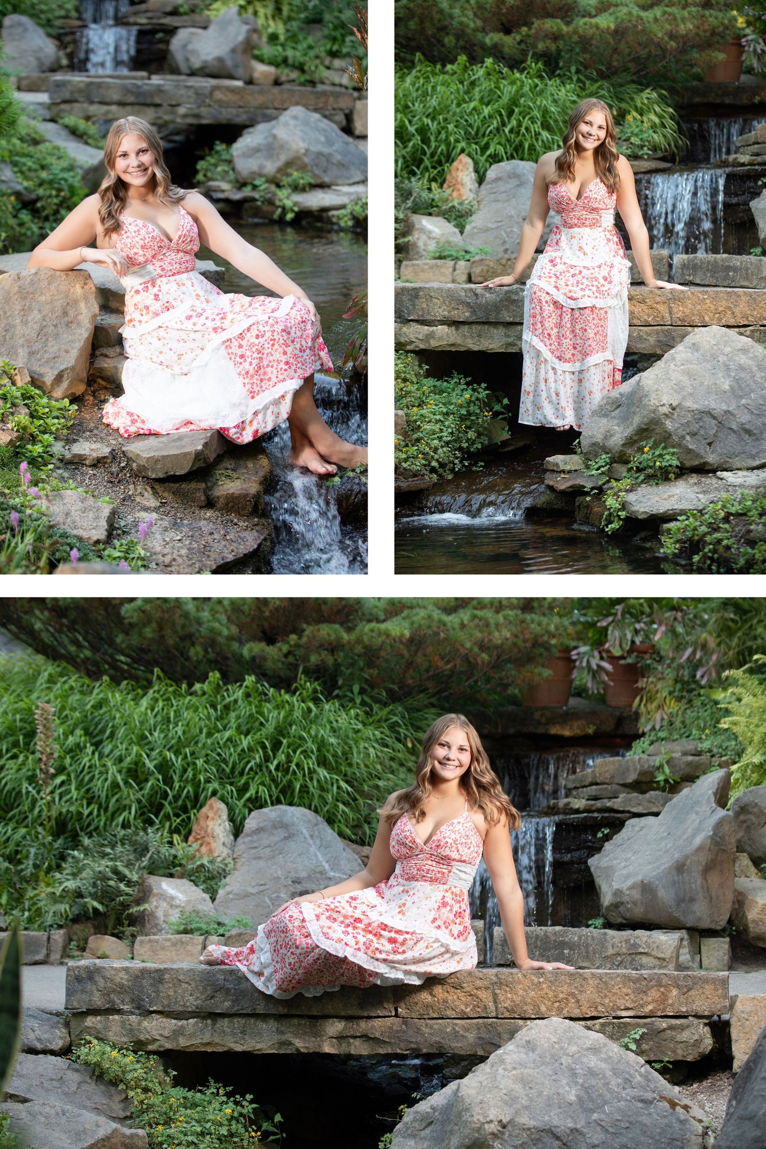 Inniswood Metro Gardens senior portraits featuring an Olentangy senior by waterfalls, rocks, and lush greenery.