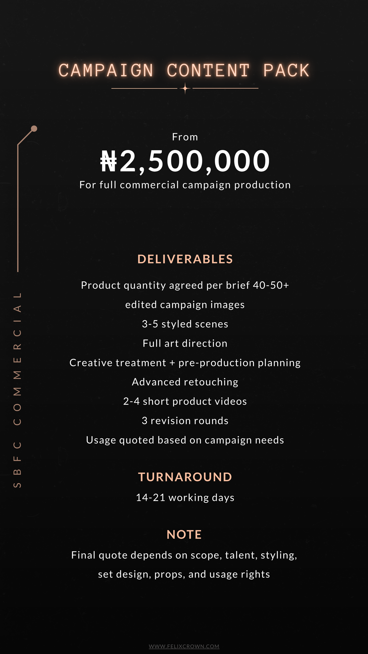 SBFC Commercial Brand Content Pack pricing card showing deliverables from ₦450,000 including 20 edited images and 7-10 day turnaround.