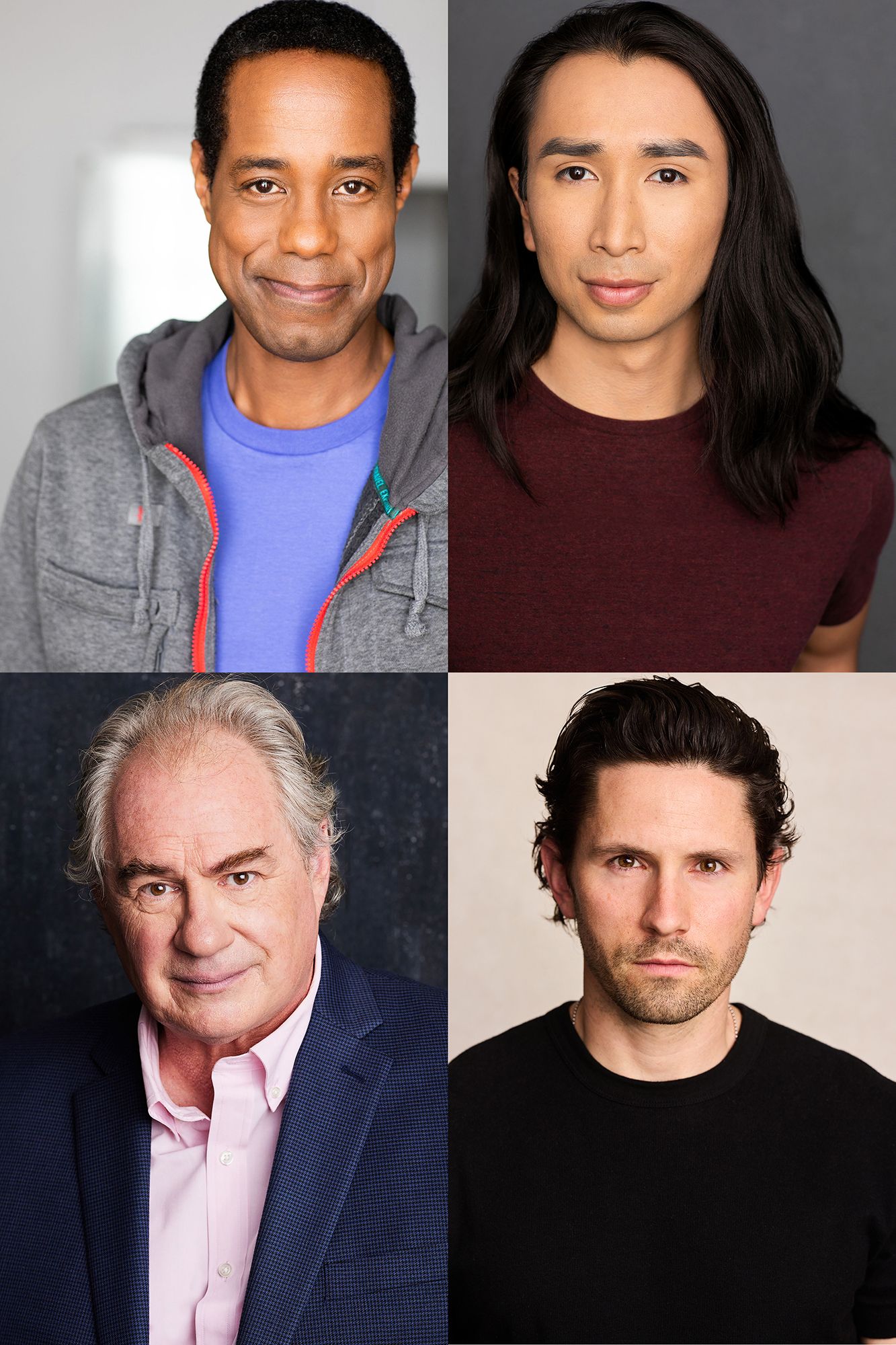 Professional male headshot portraits showing different people in business and casual attire against neutral studio backgrounds.