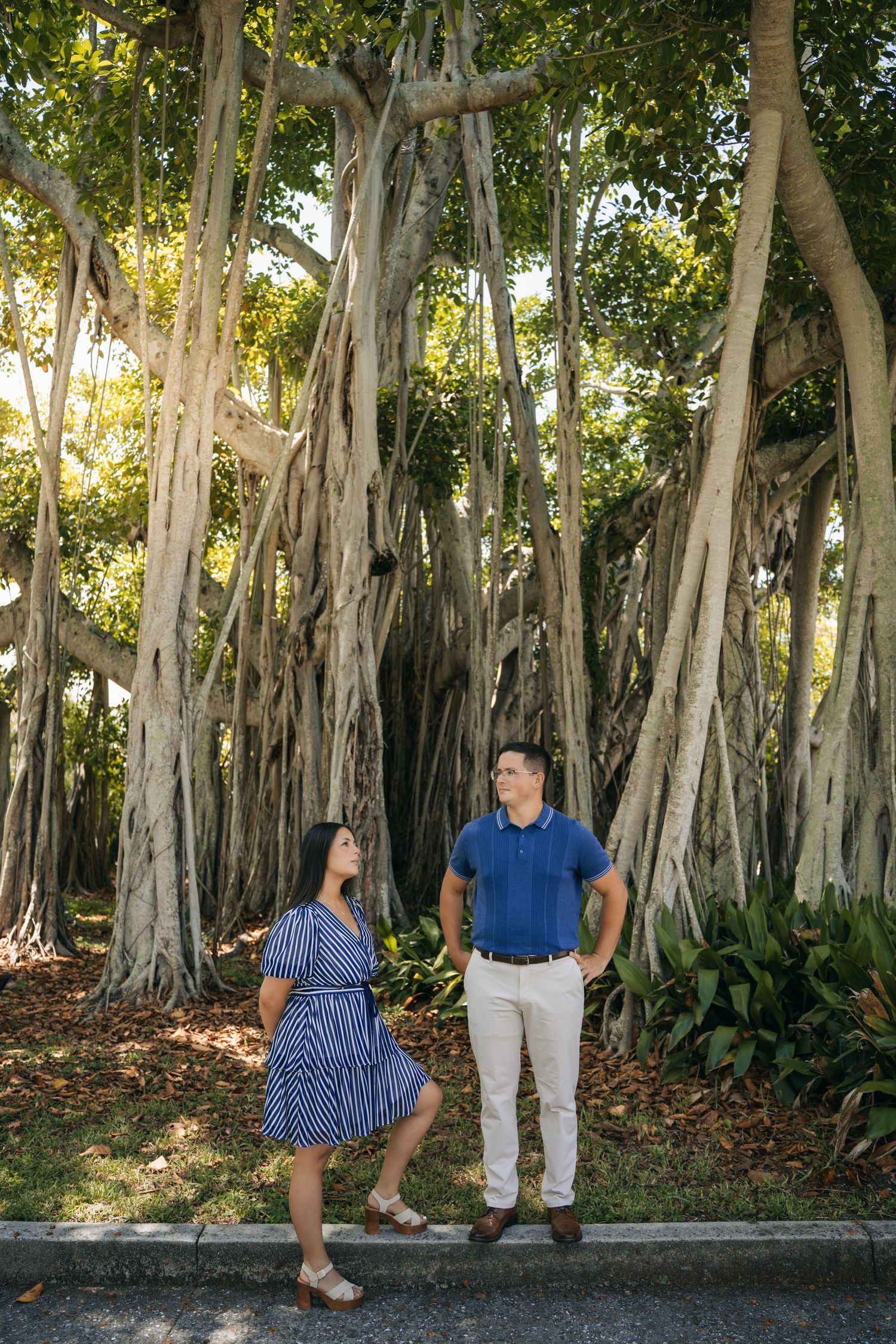Couple standing before a massive banyan tree, woman in blue striped dress, man in blue polo and khakis.