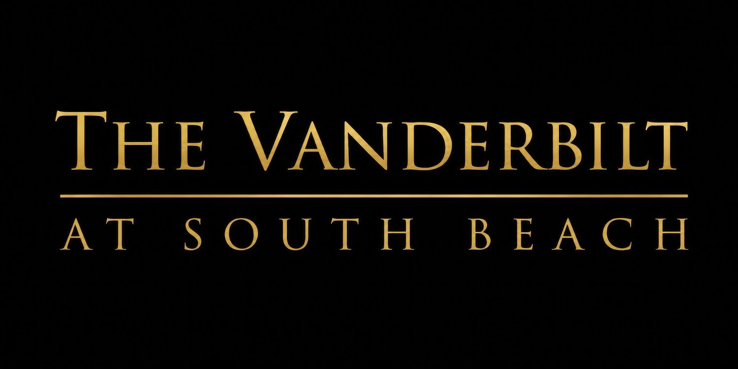 Gold text logo for The Vanderbilt at South Beach luxury property on black background.