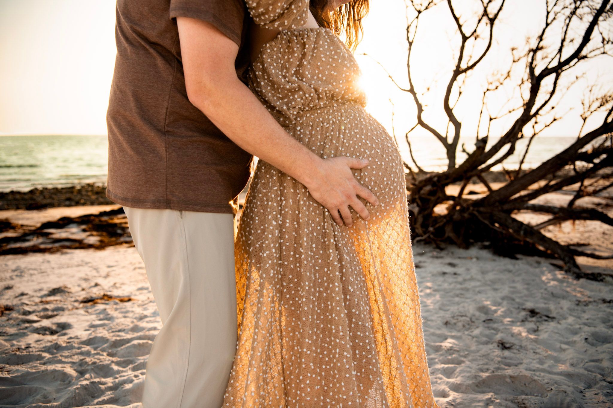 Artistic maternity portrait at Honeymoon Island in Dunedin, Florida, showcasing a flowing dress, windswept shoreline, and moody atmosphere.