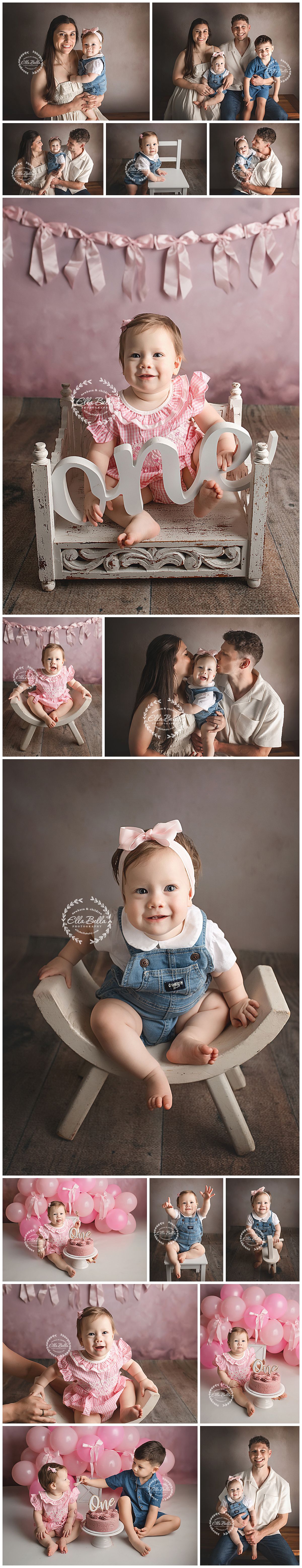 A baby girl celebrates her first birthday in a pink studio photoshoot with family, cake smash, and decorative props.