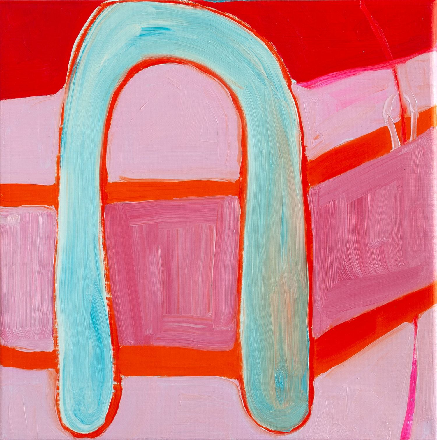 Small-scale contemporary abstract painting in pinks, red, orange, and blue.
