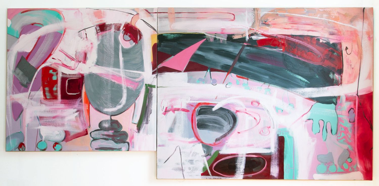 Large-scale abex oil painting in pinks and reds by NYC artist.