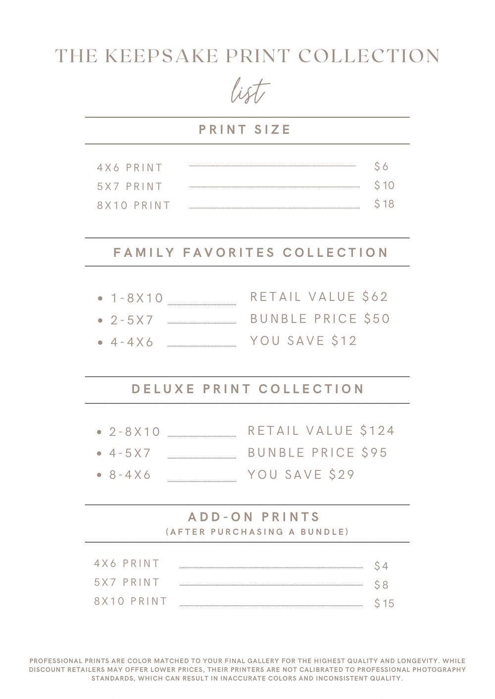 Keepsake print collection price list featuring family favorites and deluxe bundles with sizes 4x6, 5x7, and 8x10.