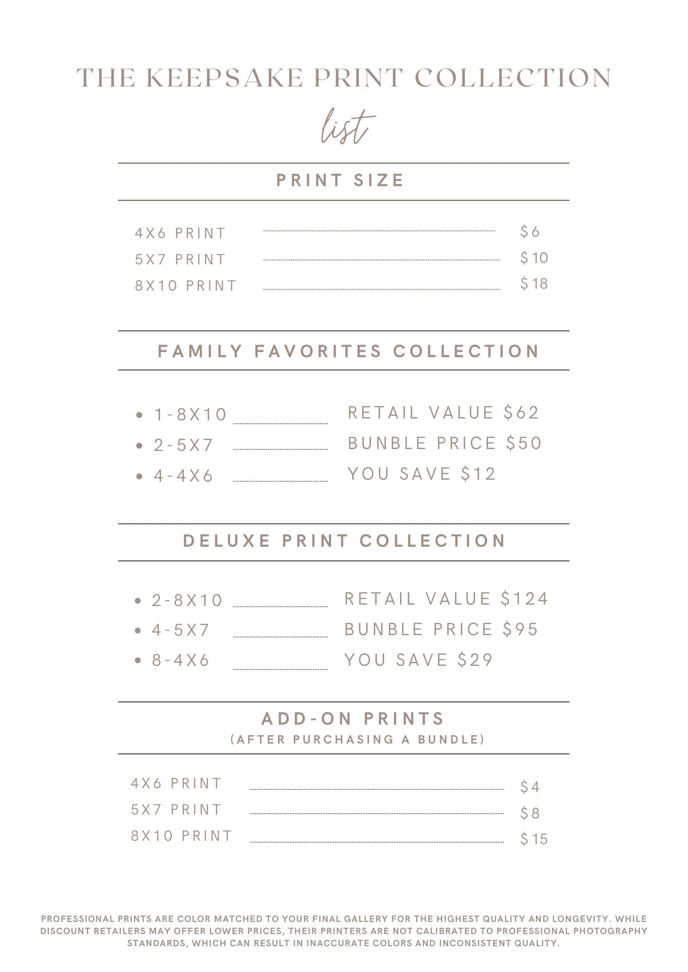 Keepsake print collection price list featuring family favorites and deluxe bundles with sizes 4x6, 5x7, and 8x10.