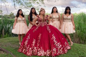 A quinceañera in a red ball gown with gold embroidery poses with four chambelanes in blush dresses outdoors.
