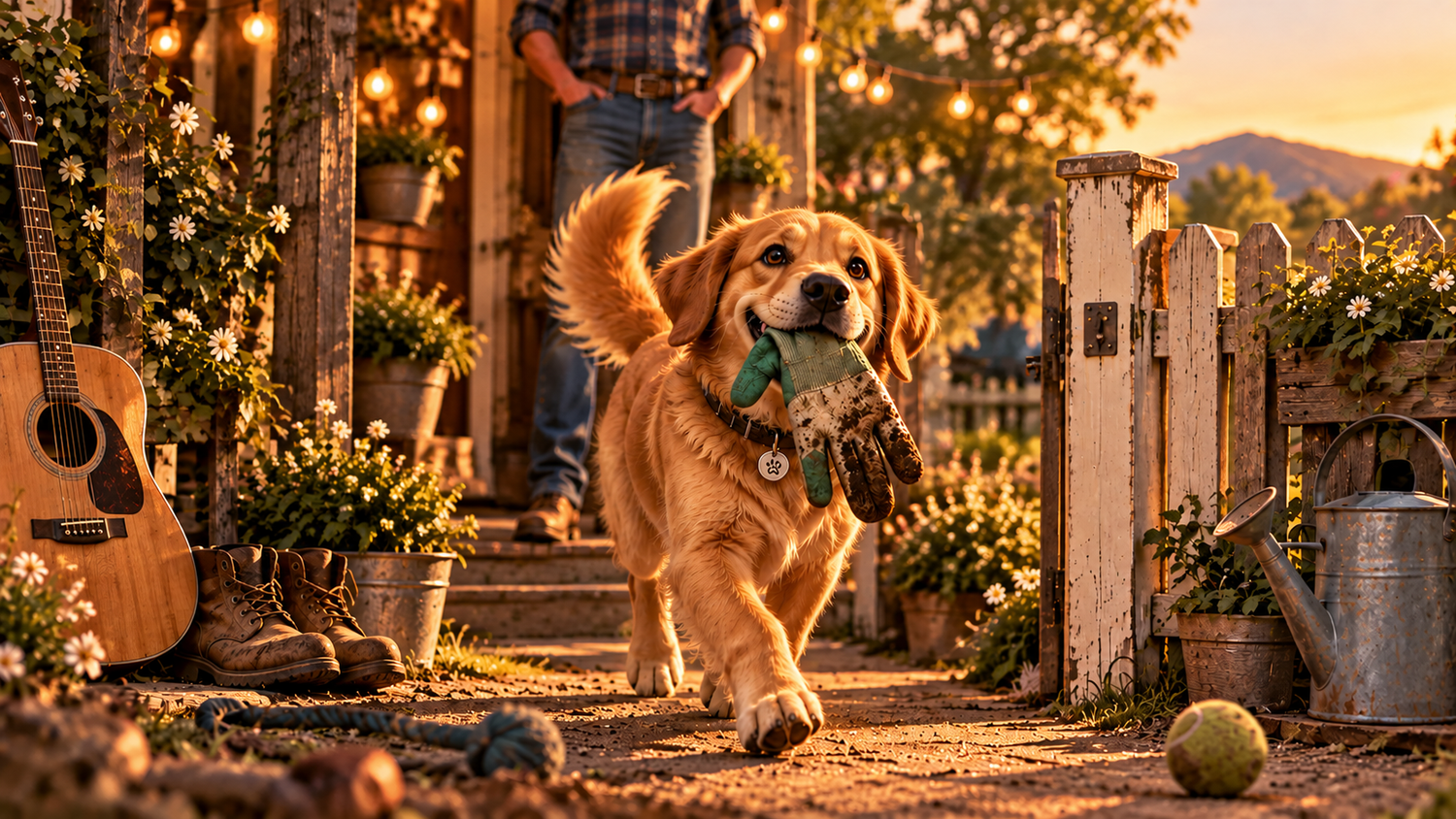 Whiskers & Co song Bring It Back – happy golden retriever carrying a garden glove along a garden path at sunset