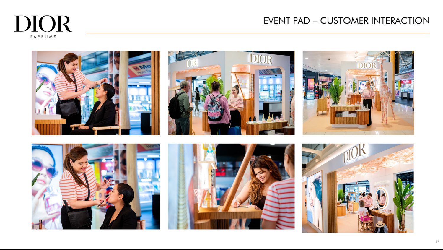 Dior Parfums event pad showcasing customer interactions at a luxury fragrance booth with staff assisting shoppers.