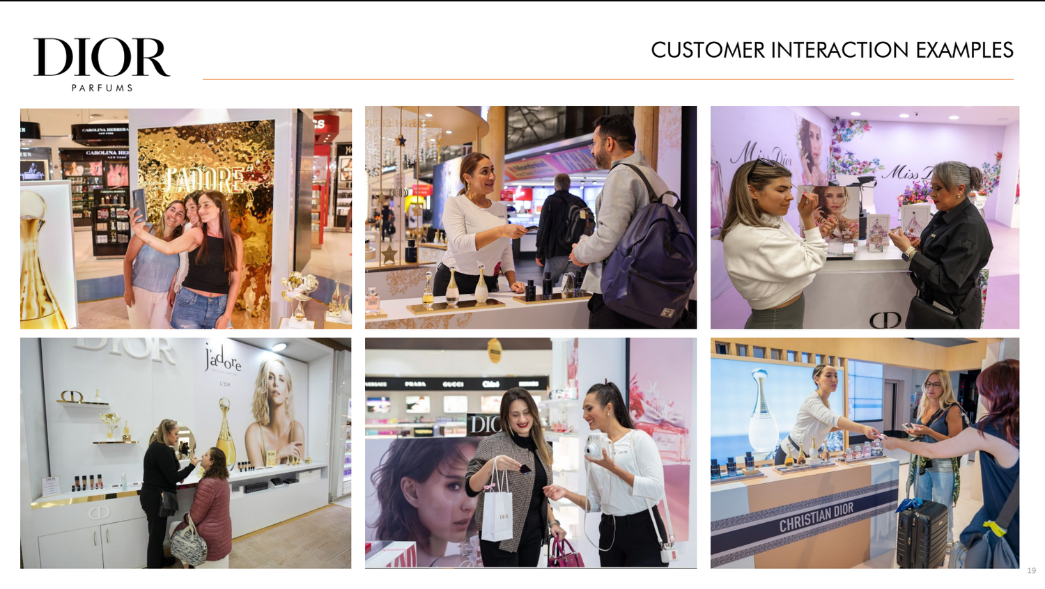 Dior Parfums customer interaction examples showing beauty consultants assisting shoppers in a luxury fragrance retail setting.