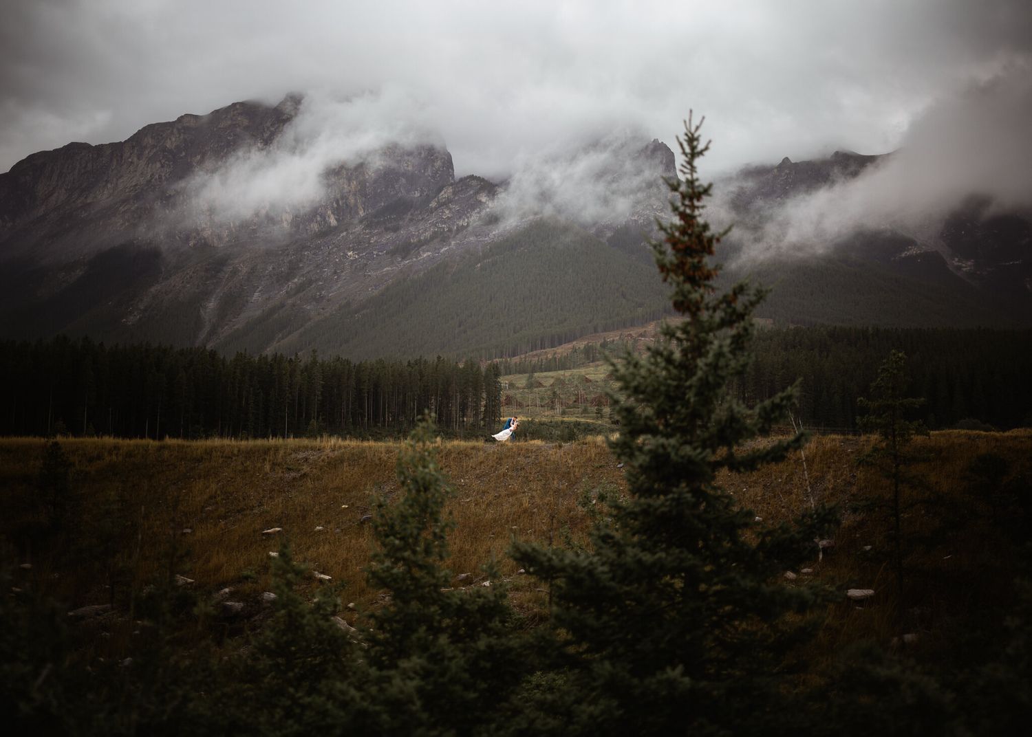 Groom lifting bride in a vast misty Rocky Mountain landscape near Canmore