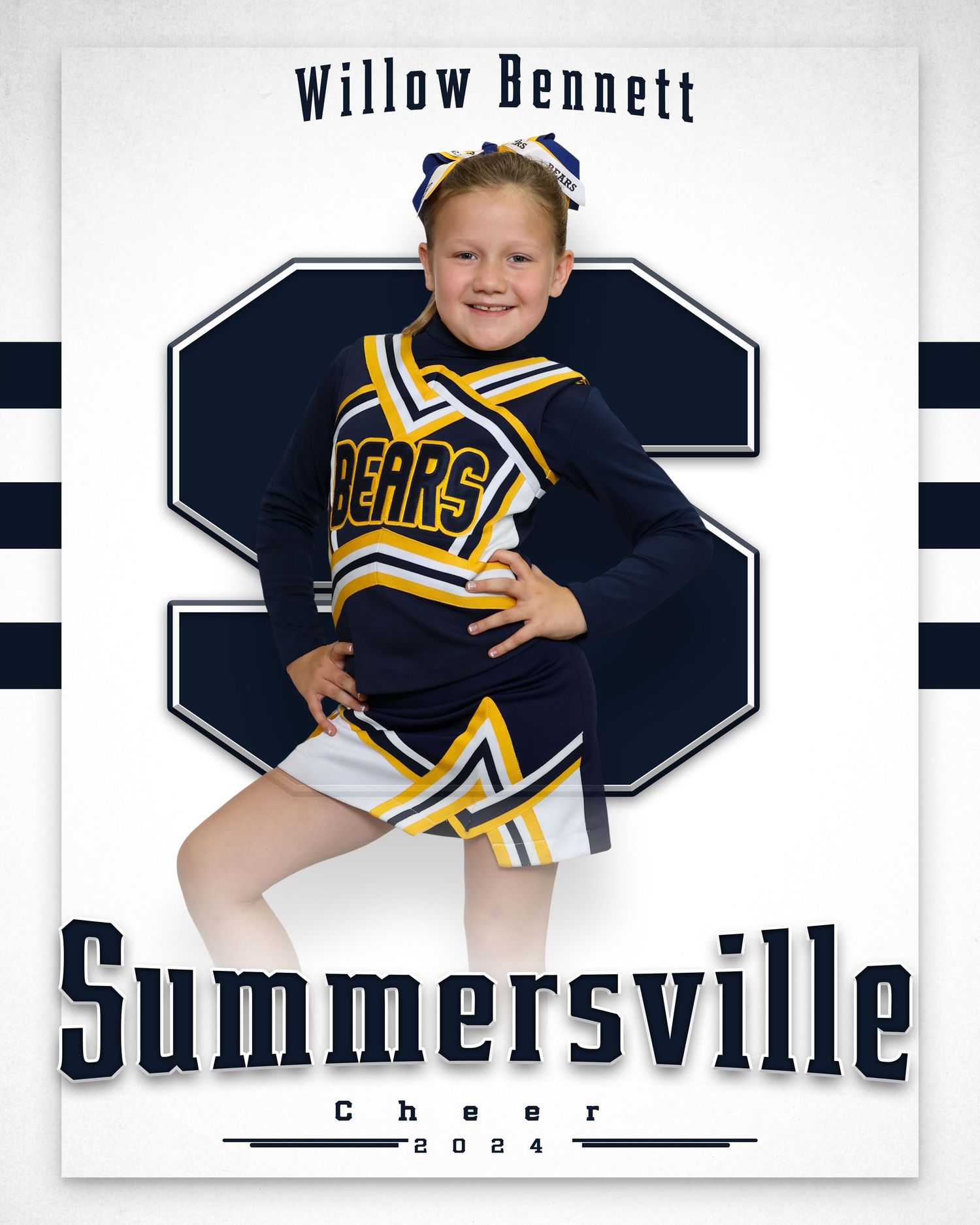 Young girl in Summersville Bears cheerleading uniform poses for 2024 cheer team photo with navy and gold colors.
