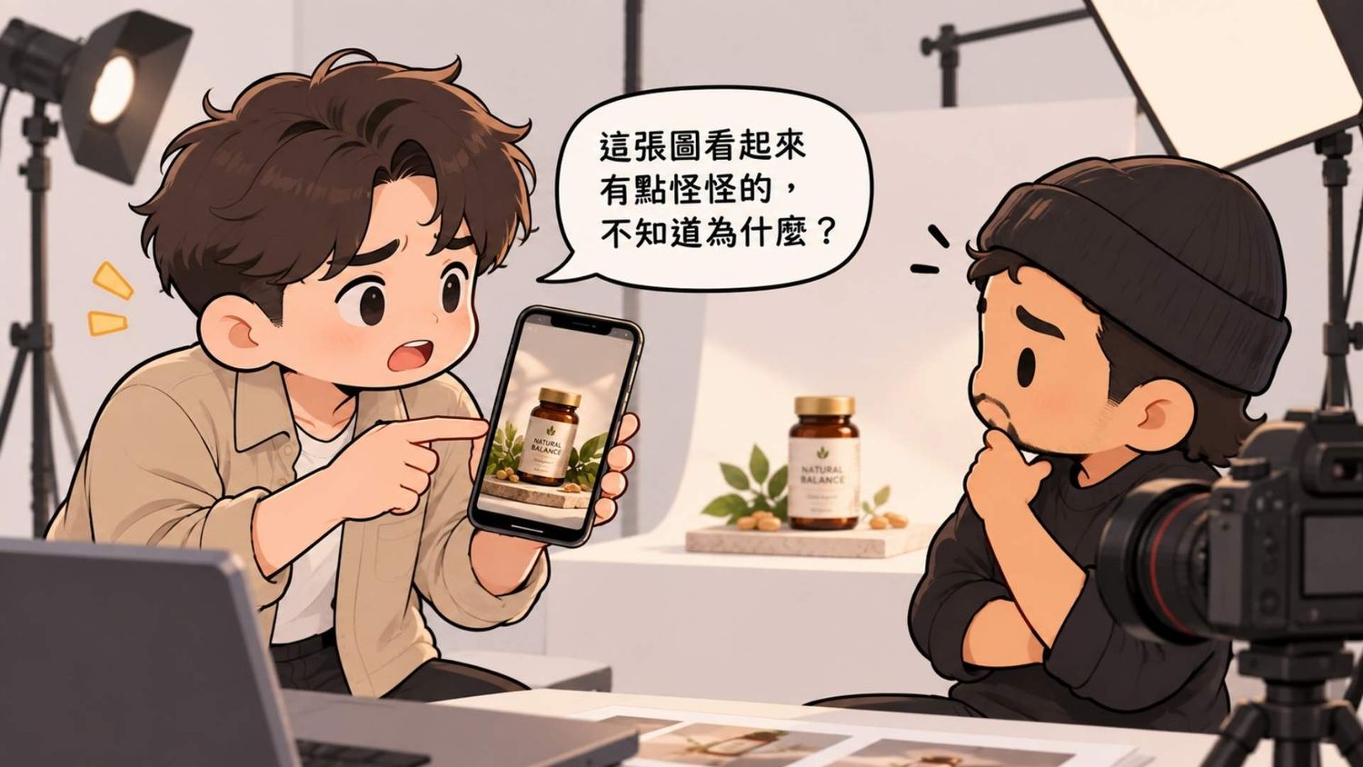 Cartoon illustration of two young men discussing a supplement bottle shown on a smartphone screen during a video production shoot.