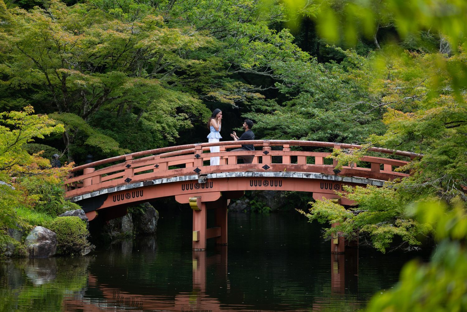 Two people stand on a red arched wooden bridge surrounded by lush green maple trees and reflected in calm water in a Japanese garden.