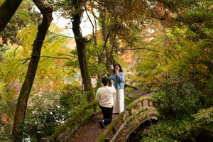 Man kneeling on a stone footbridge proposes to a woman in a blue top and white skirt amid colorful autumn trees in a scenic garden.