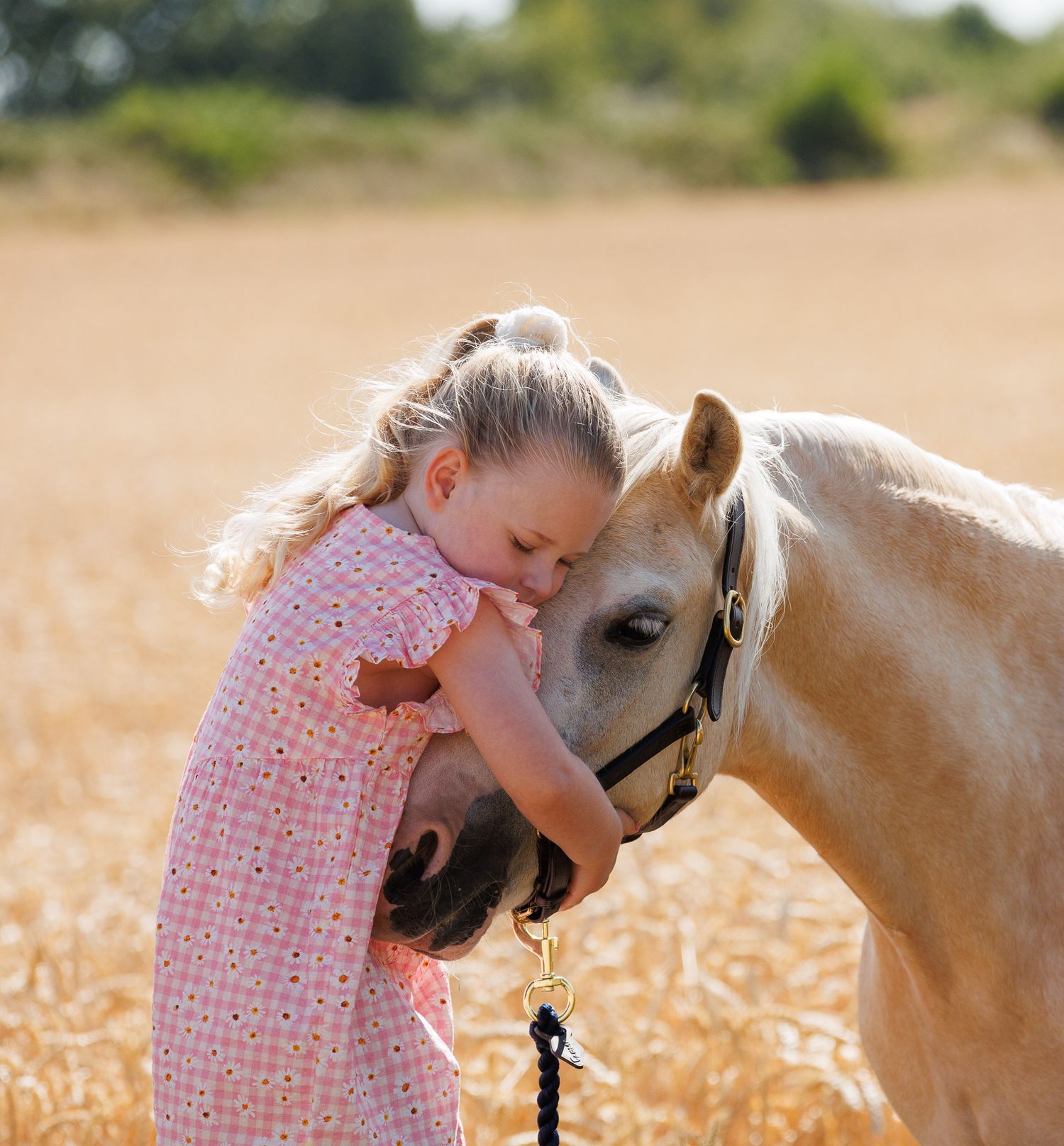 Young woman in black top smiling while gently embracing a brown horse outdoors among lush green trees.