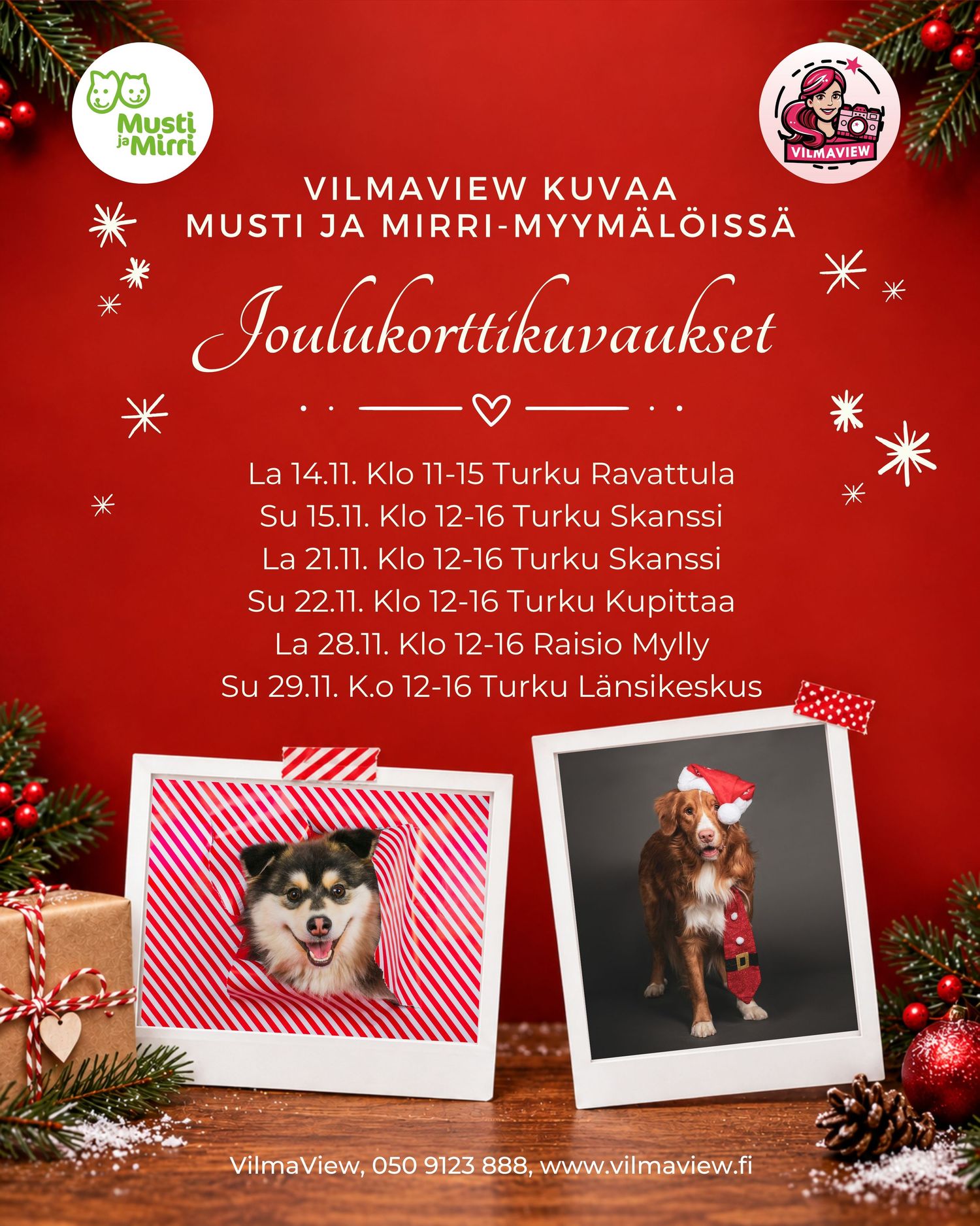 Finnish pet photography ad featuring two dogs in Christmas-themed Polaroid photos with festive decorations and event schedule details.