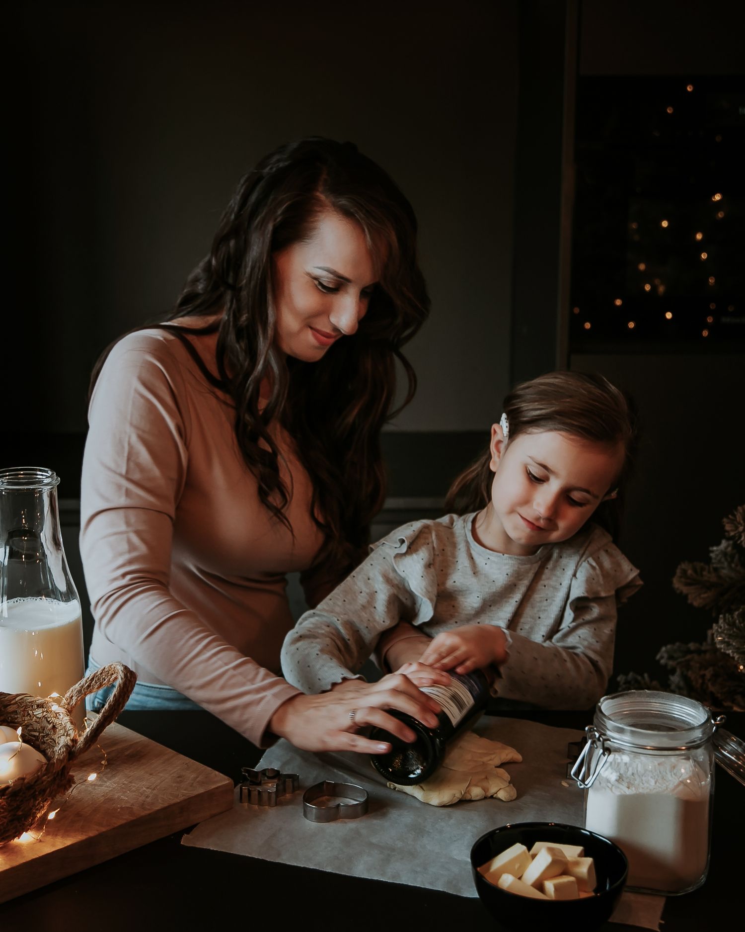 Mother and daughter preparing cookie dough for a Christmas baking photoshoot at home in Woerden, Utrecht.