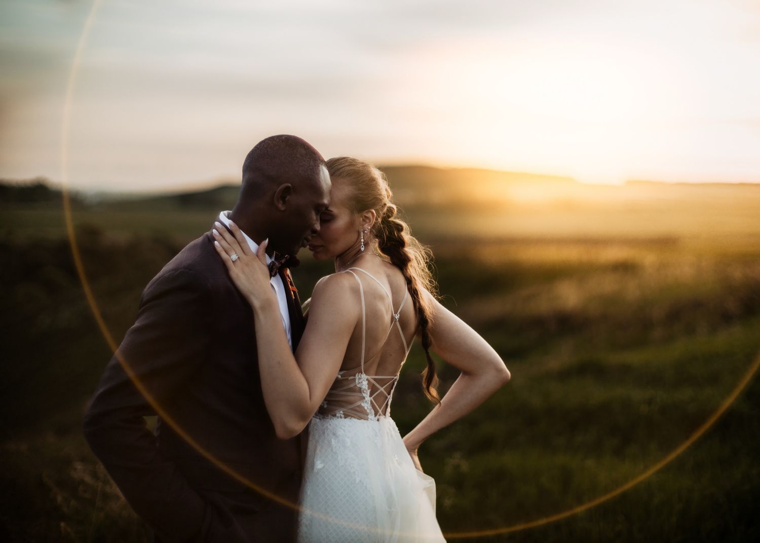 Calgary wedding photographer – bride and groom portrait at sunset at Sirocco Golf Club