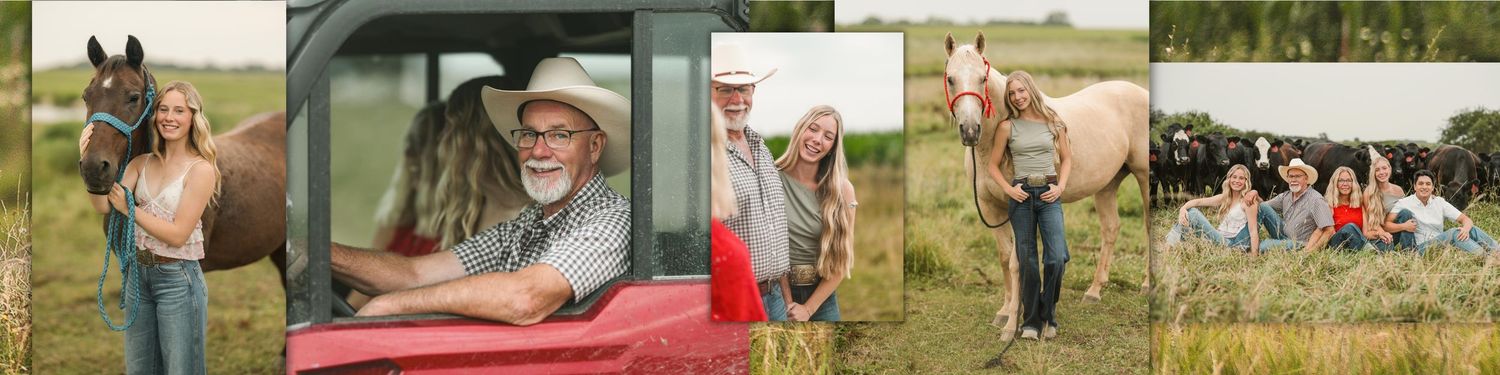 Collage of a smiling family on a ranch, with women standing beside horses, a man in a cowboy hat in a red truck, and a group in a field.
